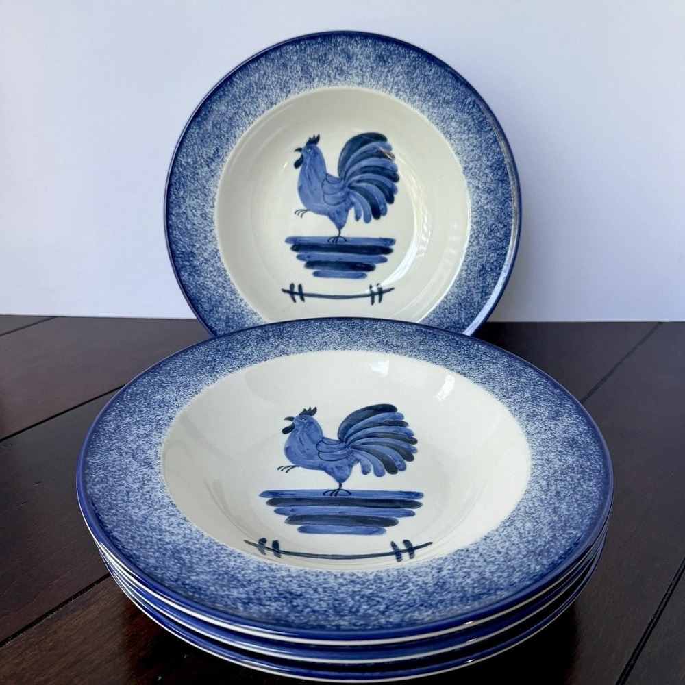 4 MIKASA Sunrise Laurie Gates 9" Pasta Soup Bowls Blue Rim Rooster Cottagecore